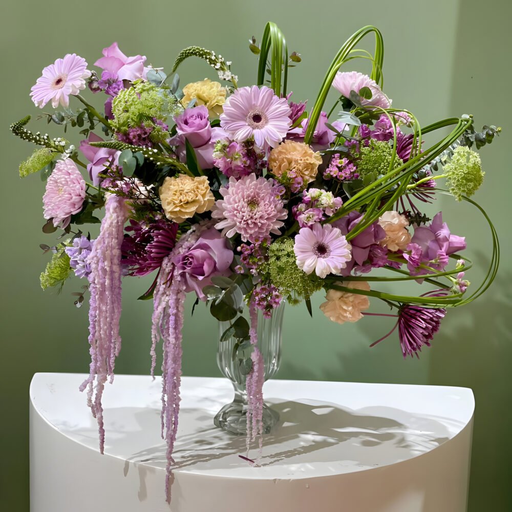Glass Vase with Purple Flowers