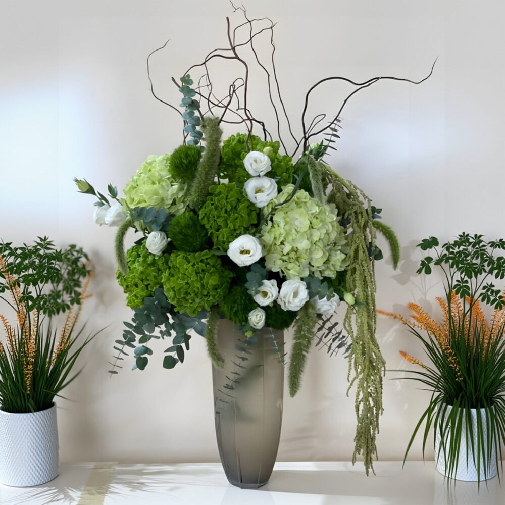 Green & White Flowers with Vase