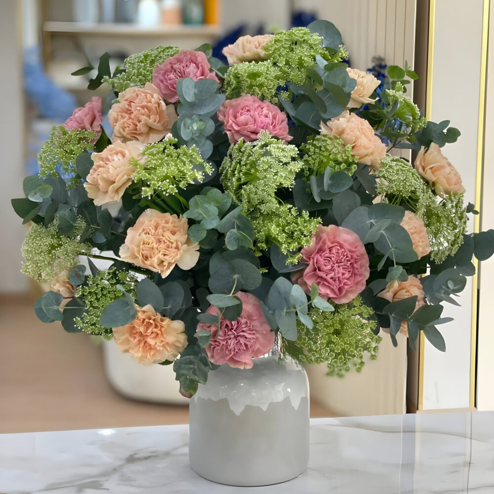 Green Peach & Pink Flowers+ Vase