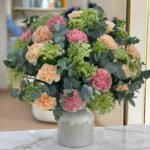 Green Peach & Pink Flowers+ Vase