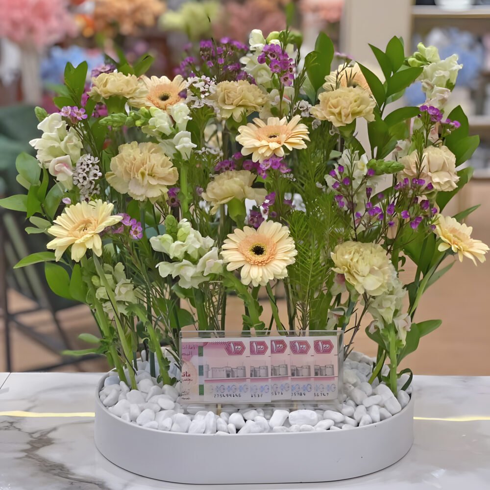 Leather Tray and Off White Flowers + Money Box