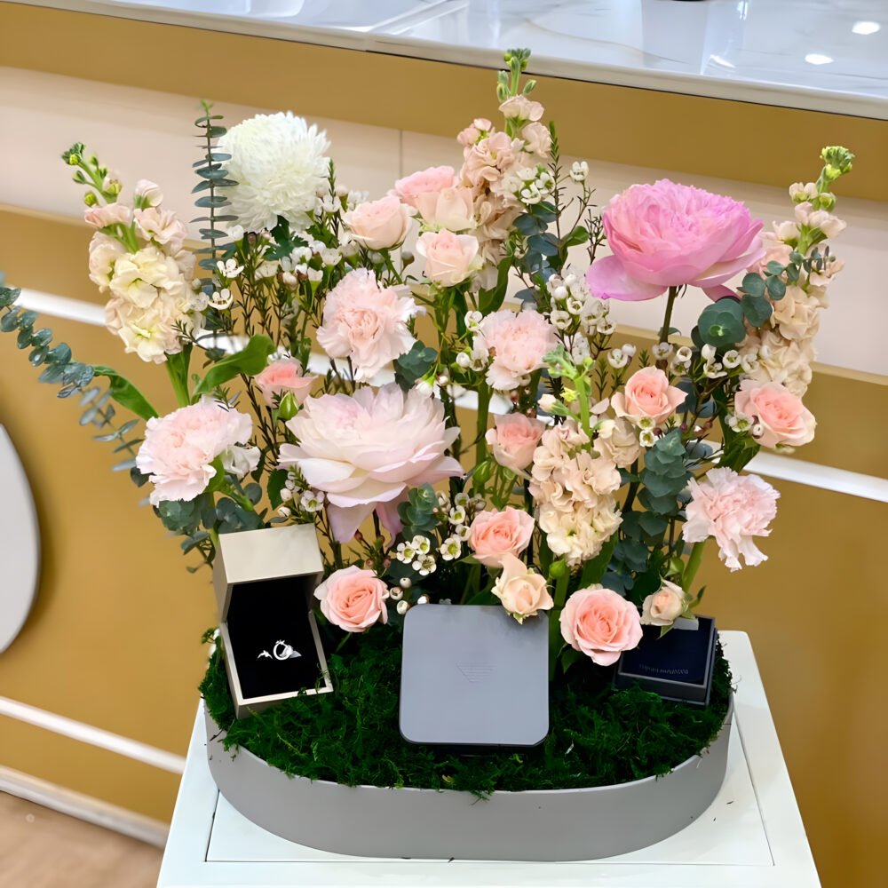 Leather Tray and Pink Flowers