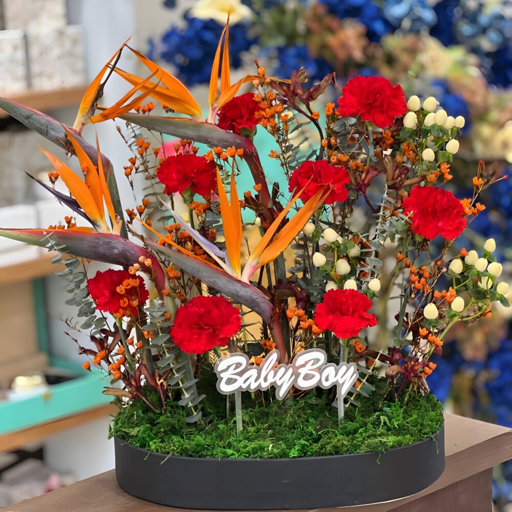 Leather Tray + Red and Orange Flowers