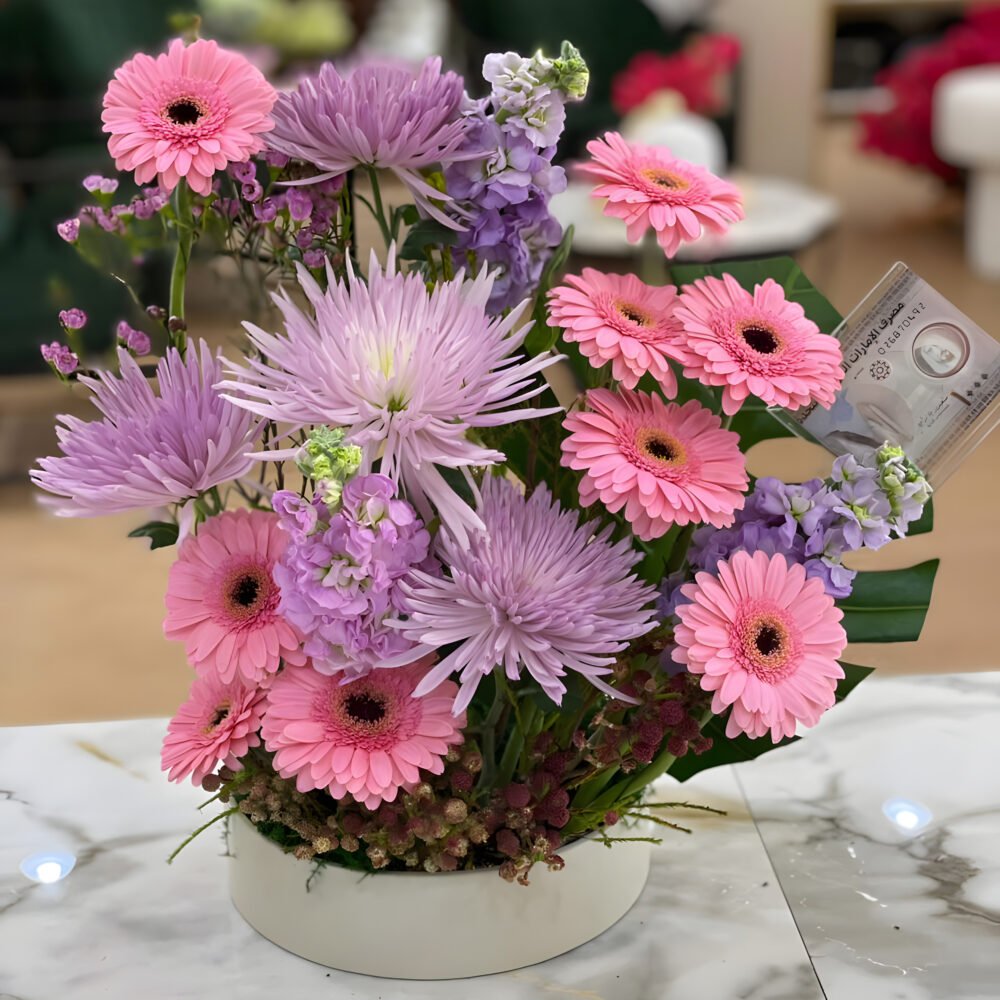 Leather Tray with Money Box & Mix Pink Flowers