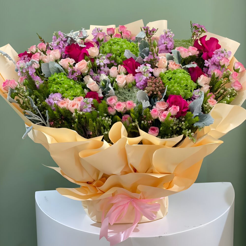 Fuchsia & Mix Pink Flowers Bouquet with Foam