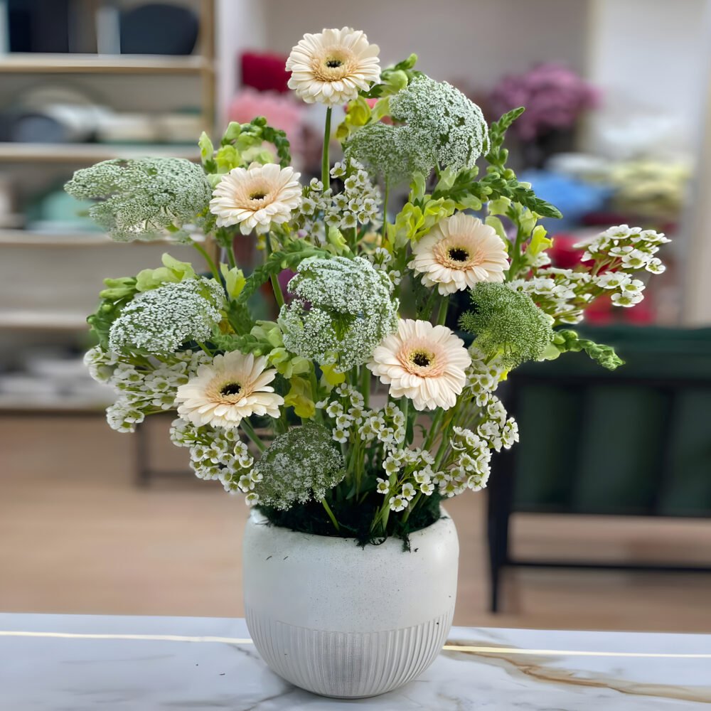 Vase with Peach Gerbera and Green Flowers