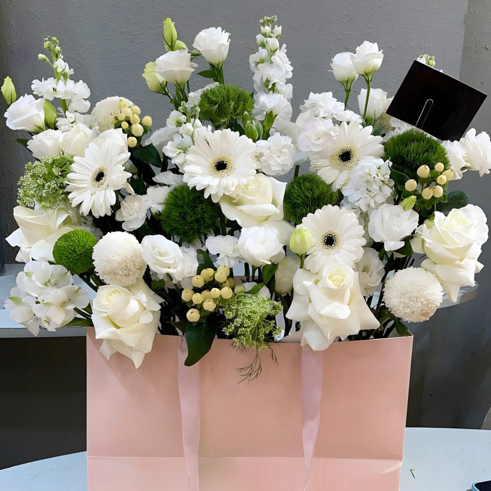 White and Green Flowers Bouquet with Foam