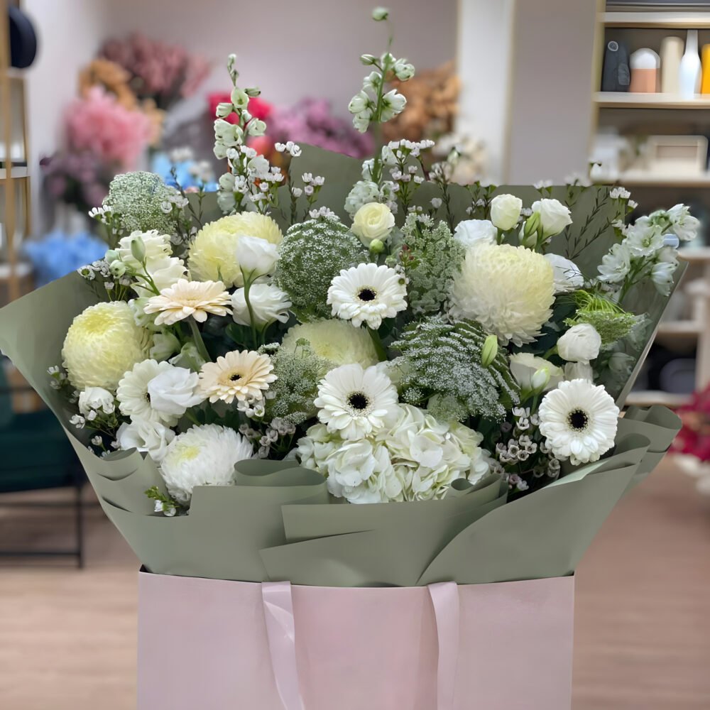 White and Green Flowers Bouquet with Foam