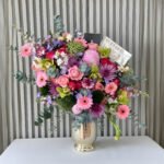 Vase and Mix Pink Flower Plus Green Flowers