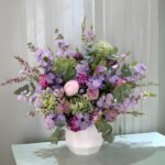 White Vase and Flowers Green Purple