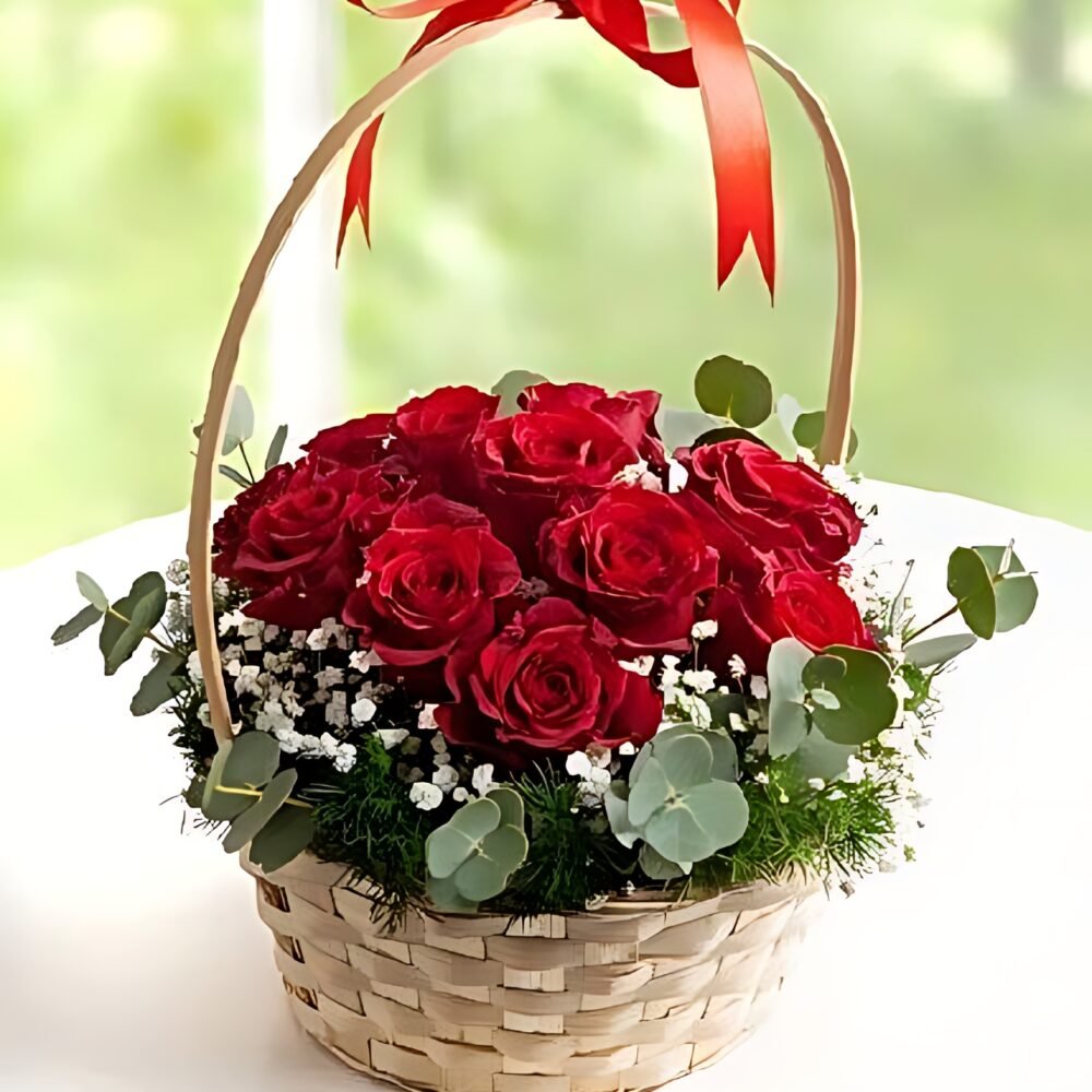Elegant Red Roses Basket with Green Leaves