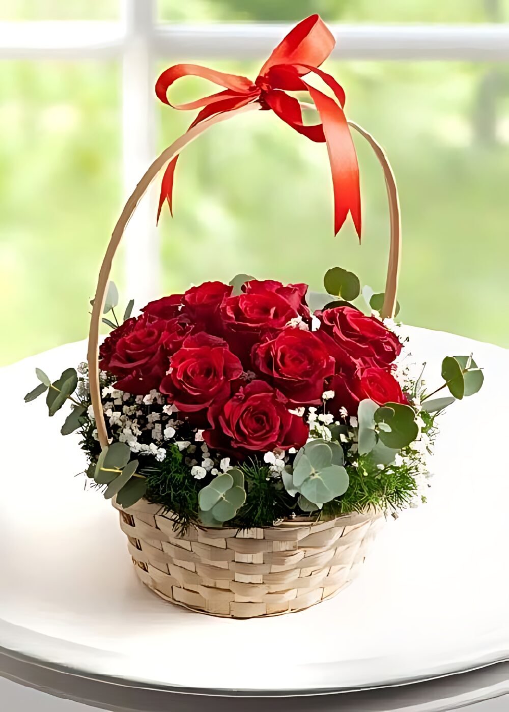 Elegant Red Roses Basket with Green Leaves