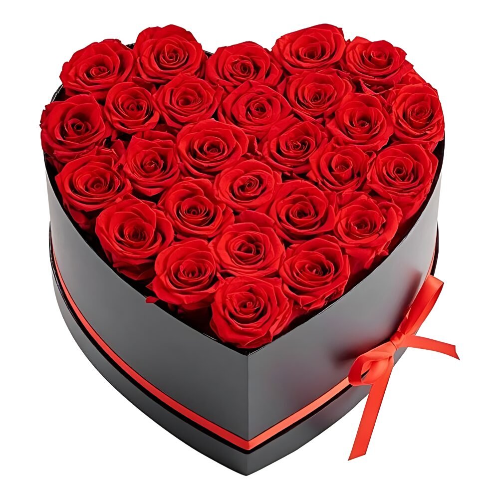 Heart Shape Black Flower Box with Red Roses