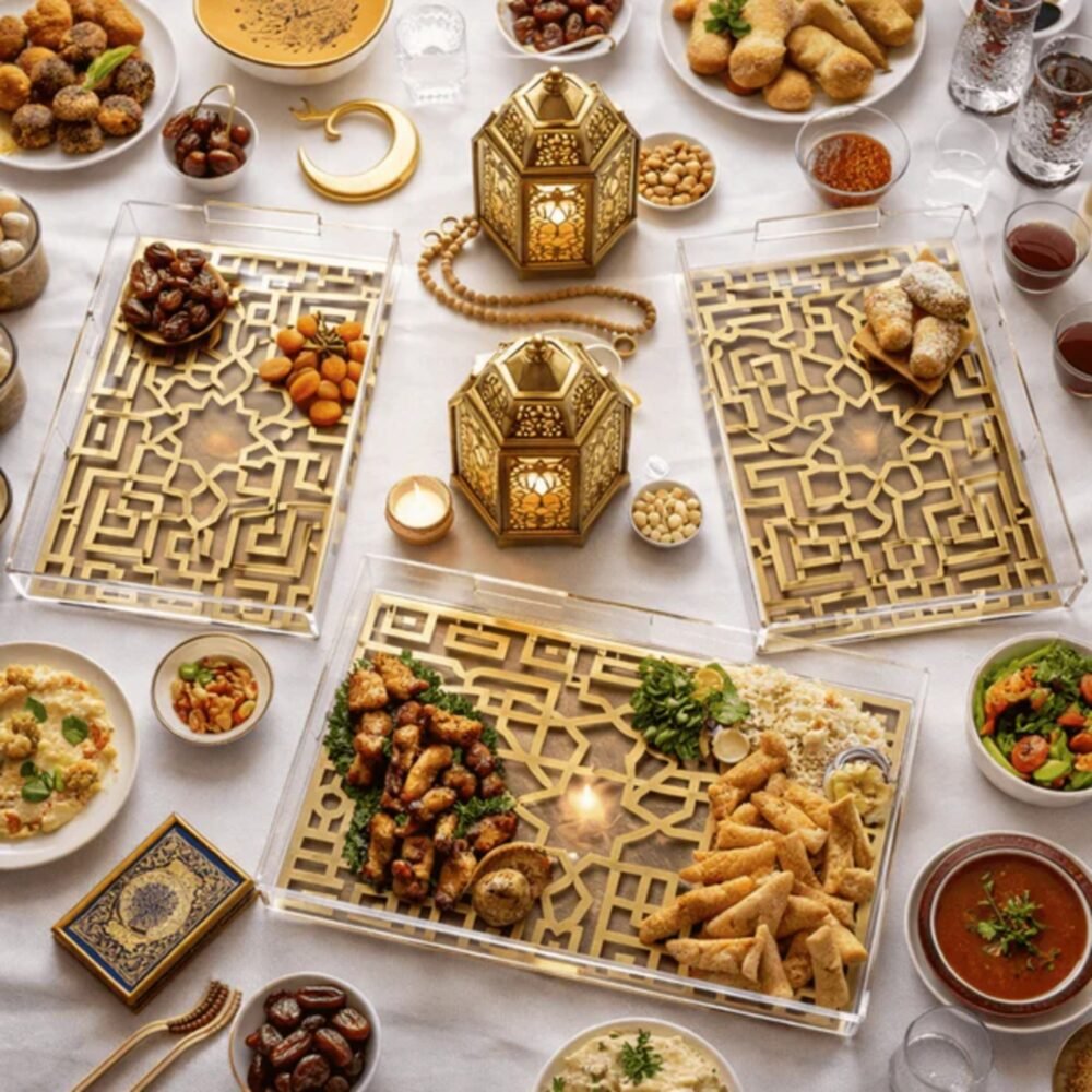 Black & Gold Islamic Geometric Acrylic Serving Tray