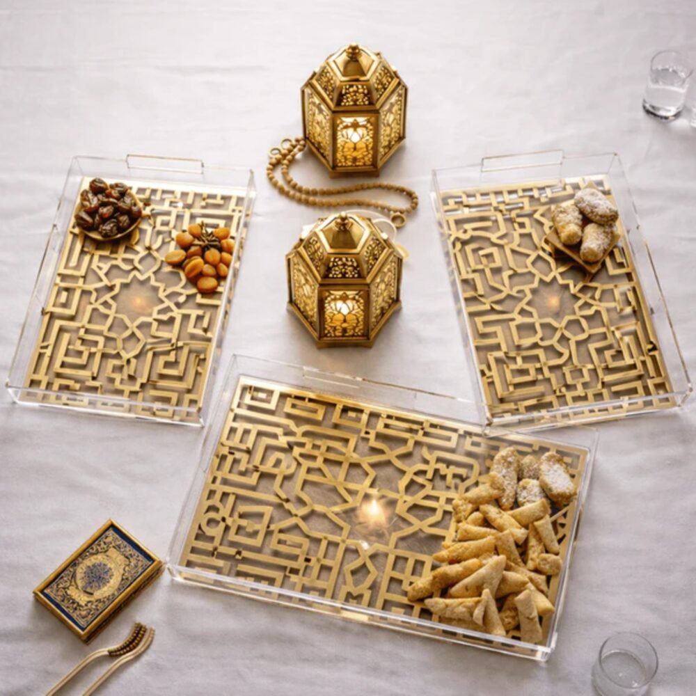 Black & Gold Islamic Geometric Acrylic Serving Tray