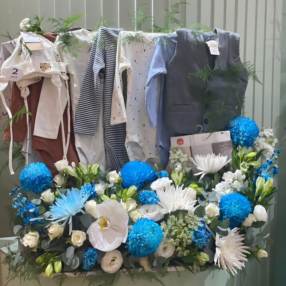 Luxury Baby Boy Gift Set with Clothes & Blue White Flower Arrangement