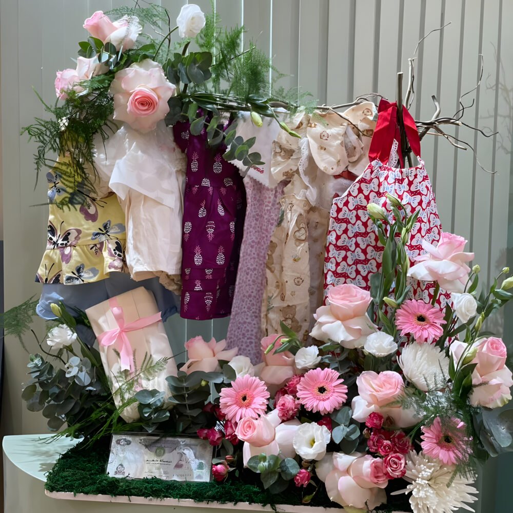 Luxury Baby Gift Set with Clothes & Pink Flower Arrangement