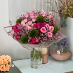 Luxury Pink Rose Bouquet with Green Button Chrysanthemum