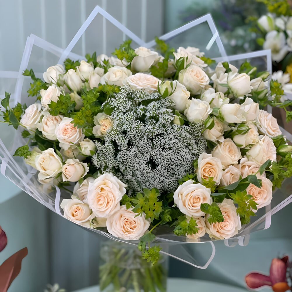 Luxury White & Cream Rose Bouquet with Baby’s Breath