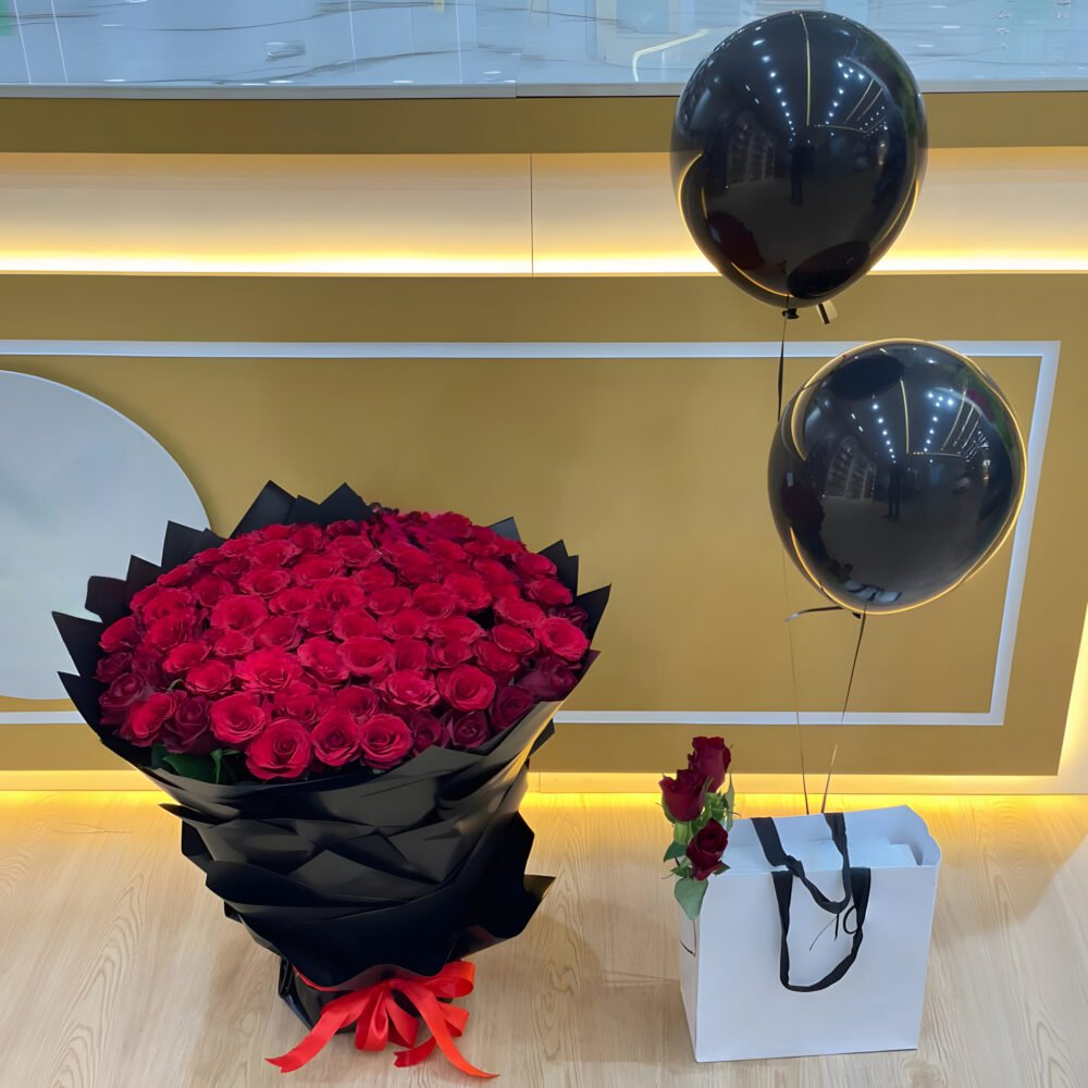 Luxury 100 Red Rose Bouquet with Balloons