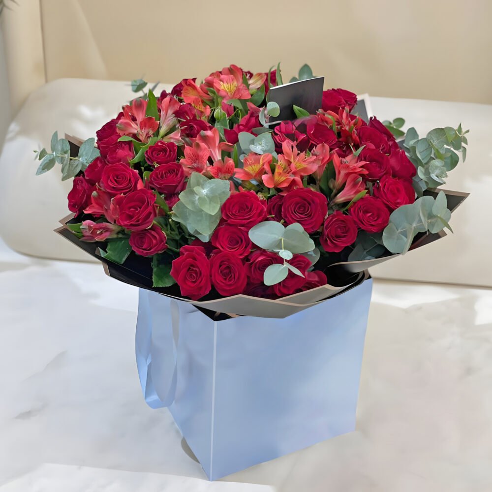 Luxury Red Rose Bouquet with Eucalyptus & Alstroemeria