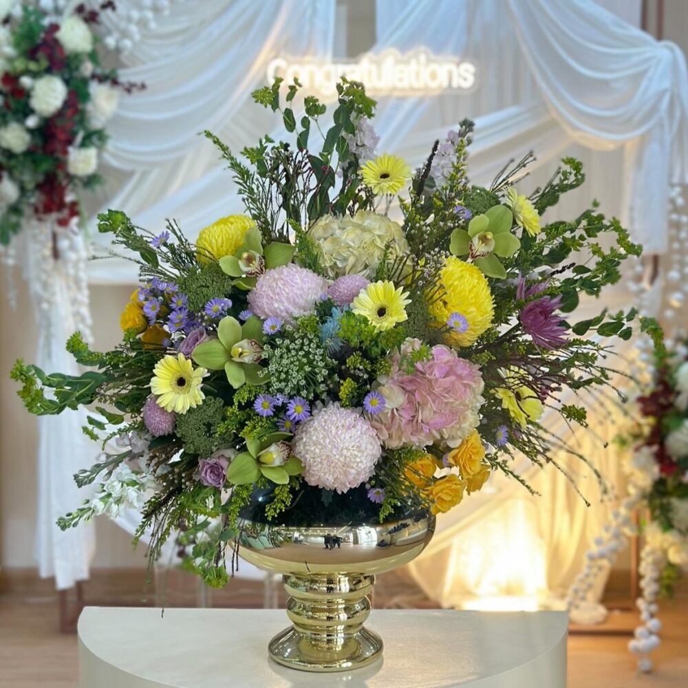 Luxury Mixed Flower Arrangement in Gold Vase