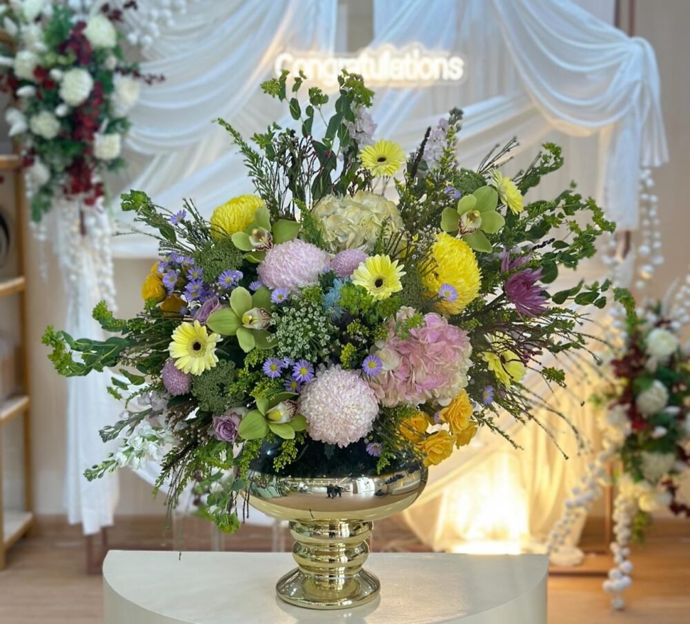 Luxury Mixed Flower Arrangement in Gold Vase