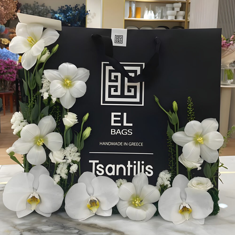 Luxury Floral Gift Bag Decoration with White Orchids & Roses