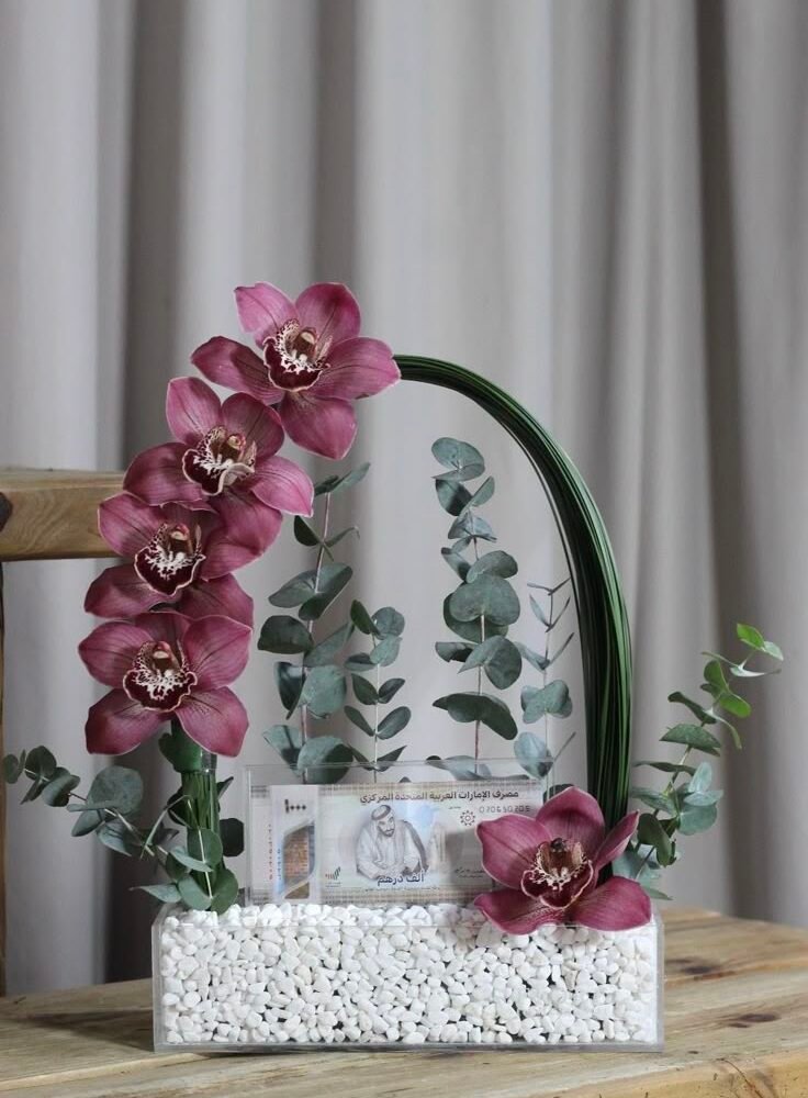 Luxury Acrylic Money Gift Tray with Maroon Orchid Flowers