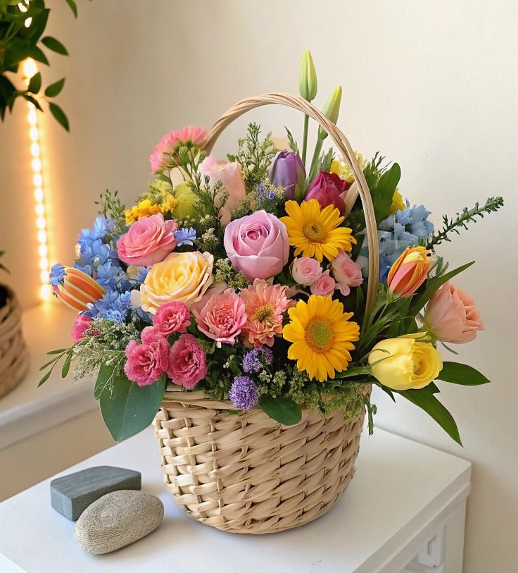 Colorful Fresh Flower Basket Arrangement