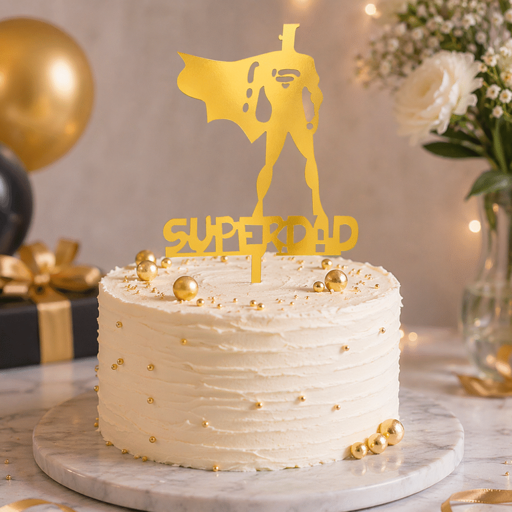 Super Dad Cake Topper – Gold & Black Acrylic Father’s Day Cake Decoration