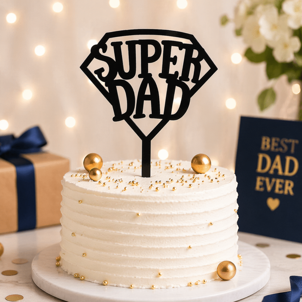 Super Dad Cake Topper – Gold & Black Acrylic Father’s Day Cake Decoration