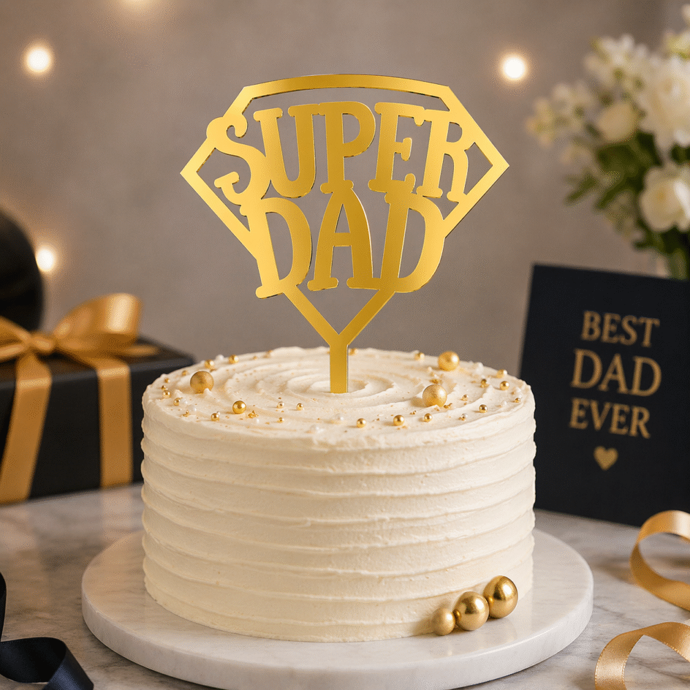 Super Dad Cake Topper – Gold & Black Acrylic Father’s Day Cake Decoration