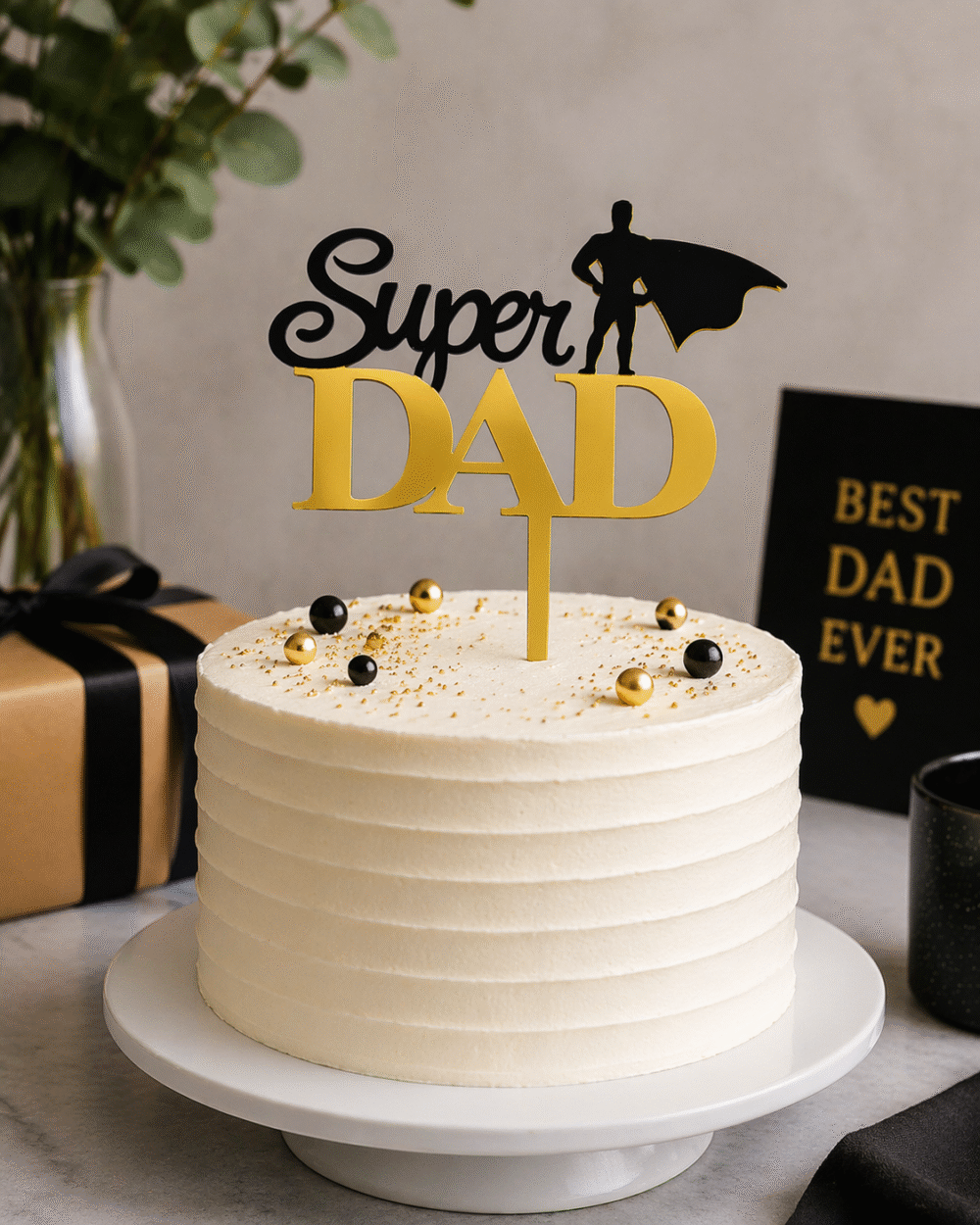 Super Dad Cake Topper – Gold & Black Acrylic Father’s Day Cake Decoration