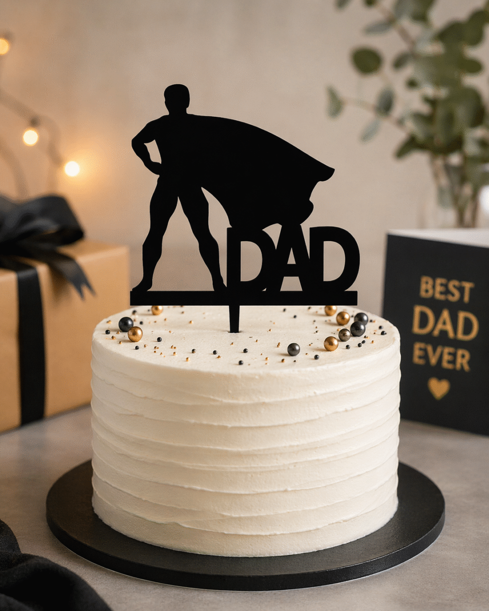 Super Dad Cake Topper – Gold & Black Acrylic Father’s Day Cake Decoration