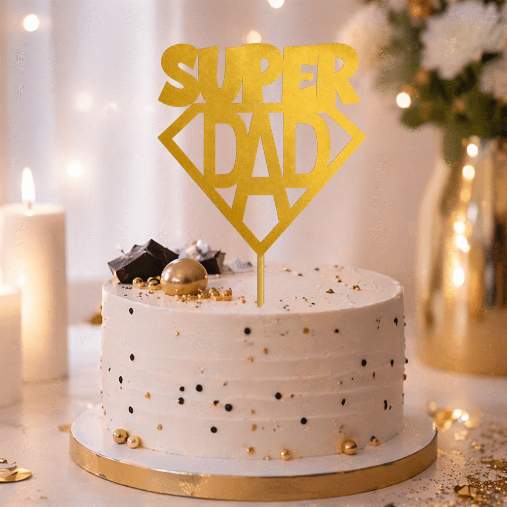 Super Dad Cake Topper – Gold & Black Acrylic Father’s Day Cake Decoration