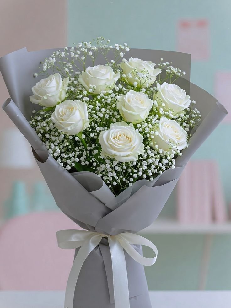 Elegant White Rose Hand Bouquet with Baby’s Breath