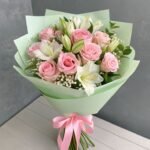 Elegant Pink & White Rose Lily Hand Bouquet