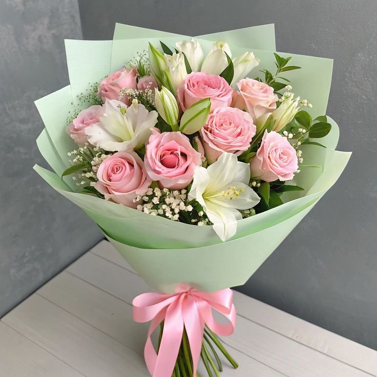 Elegant Pink & White Rose Lily Hand Bouquet