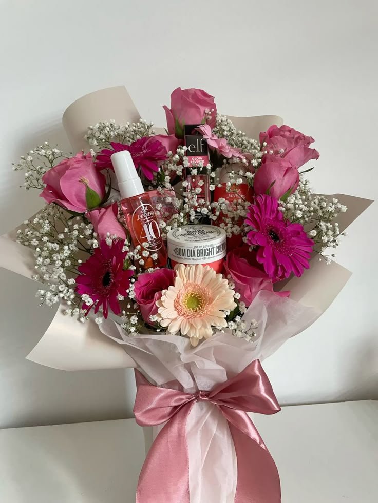 Pink Rose Arrangement with Beauty Products