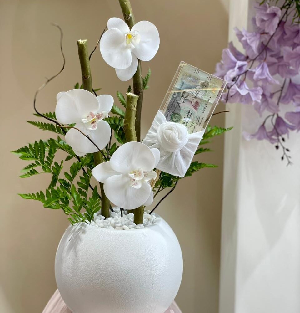 Elegant Orchid Money Gift Box with White Vase
