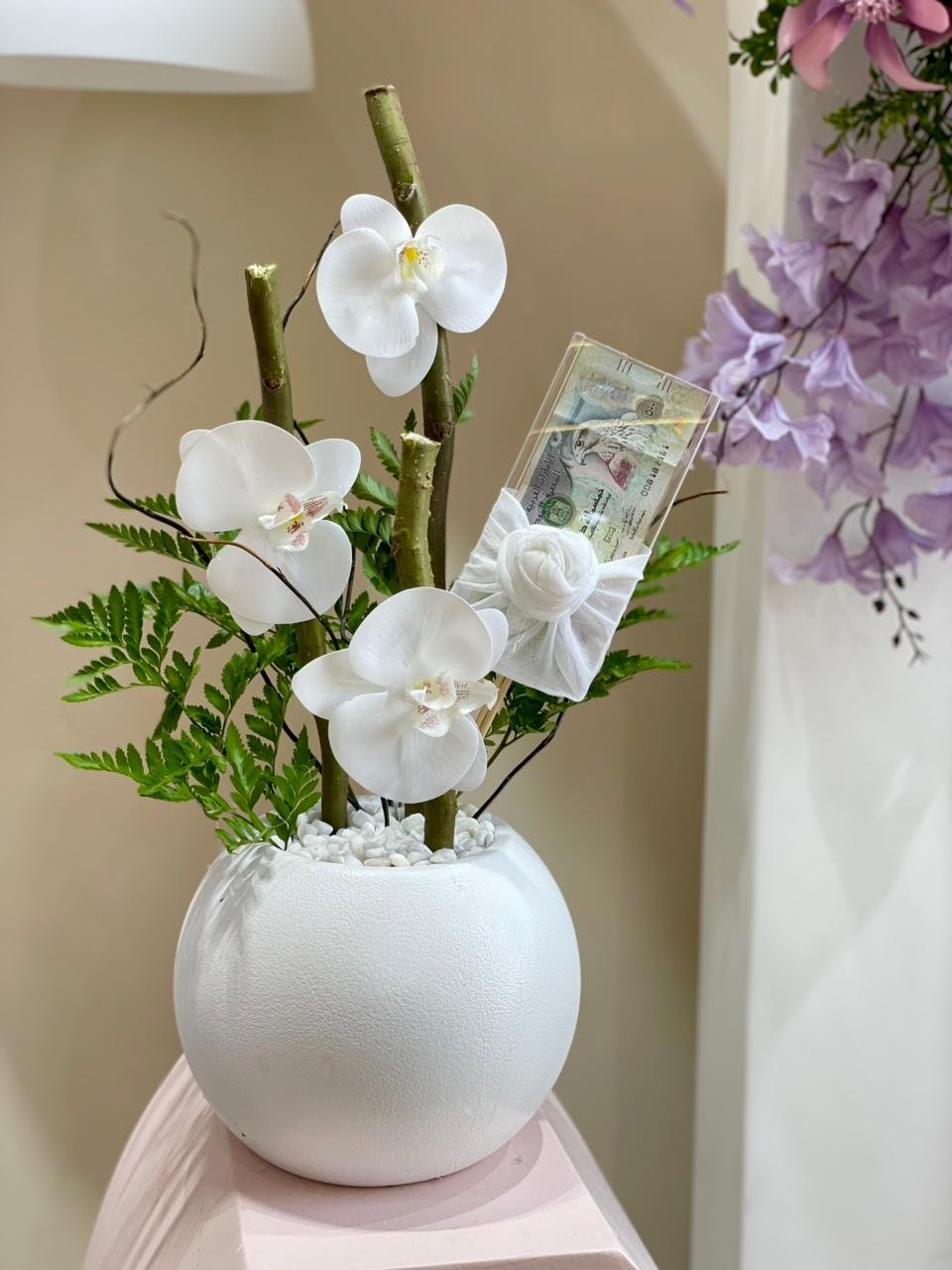 Elegant Orchid Money Gift Box with White Vase
