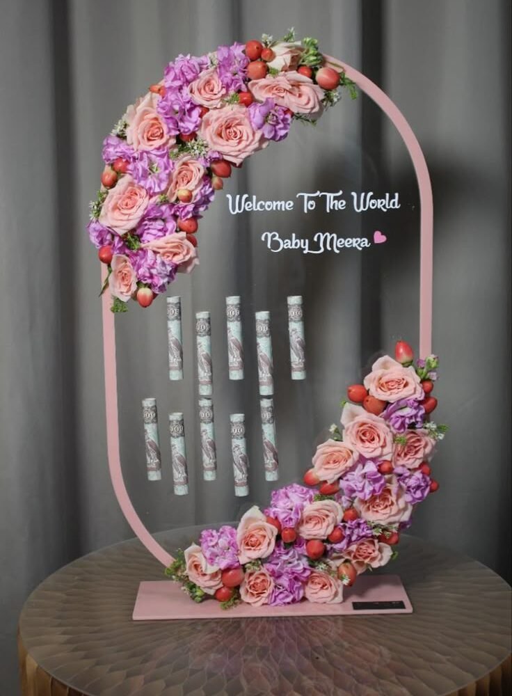 Personalized Baby Girl Floral Acrylic Stand – Luxury Welcome Baby Money Gift Arrangement