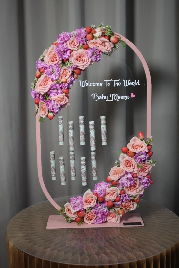 Personalized Baby Girl Floral Acrylic Stand – Luxury Welcome Baby Money Gift Arrangement