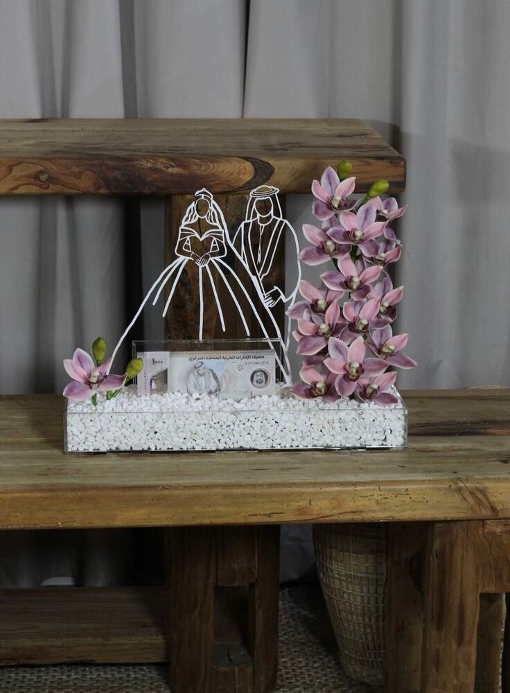 Luxury Acrylic Wedding Money Box with Bride & Groom Design and Pink Cymbidium Flowers