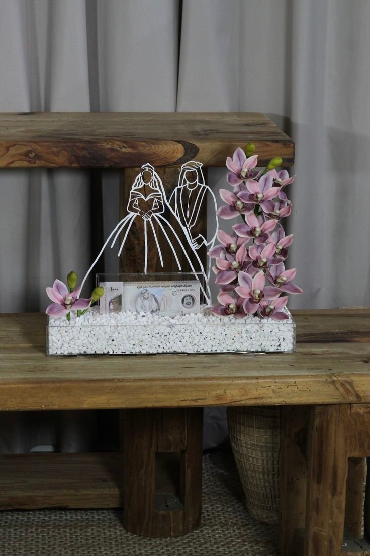 Luxury Acrylic Wedding Money Box with Bride & Groom Design and Pink Cymbidium Flowers