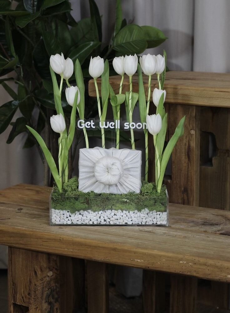 Get Well Soon White Tulip Acrylic Arrangement
