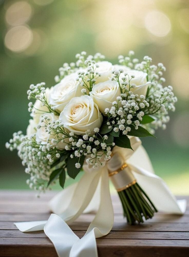 Elegant White Rose & Baby’s Breath Bridal Bouquet – Luxury Wedding Flower Bouquet for Bride