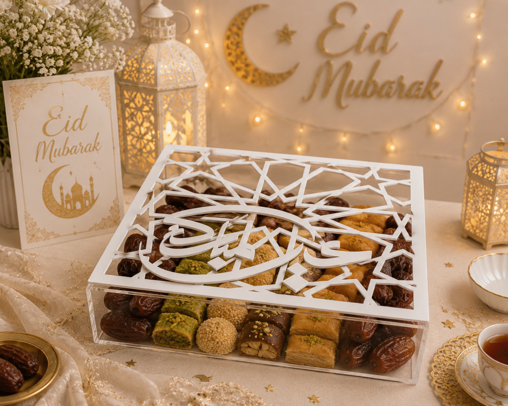 Elegant White Eid Mubarak Acrylic Sweet Box