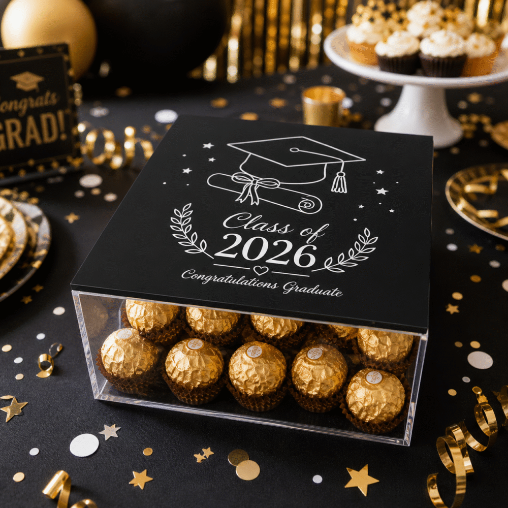 Class of 2026 Graduation Acrylic Gift Box with Black Printed Lid